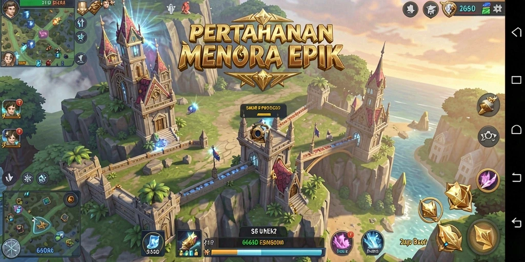 Tangkapan layar gameplay yang menunjukkan menara beraksi dalam pertempuran.