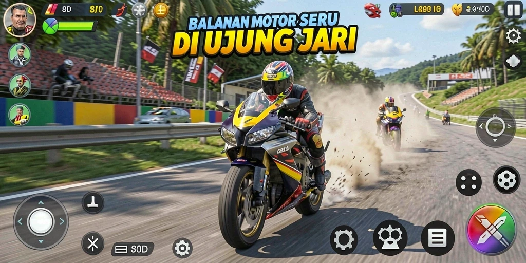Screenshot gameplay 8ID yang menggambarkan aksi balapan motor yang mendebarkan.