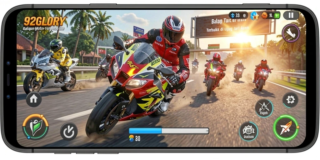 Tampilan gameplay 92GLORY yang memukau selama balapan motor.
