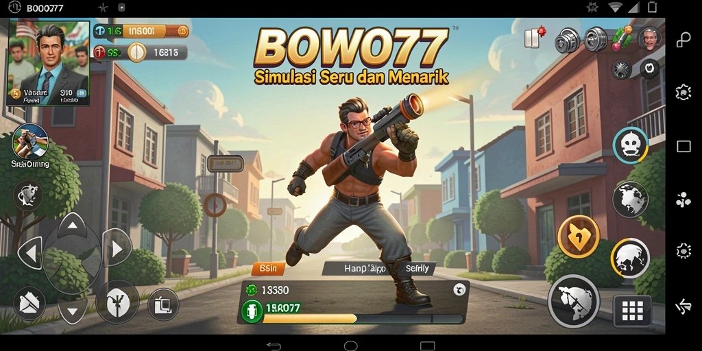 Screenshot utama BOWO77 memperlihatkan gameplay simulasi yang dinamis.