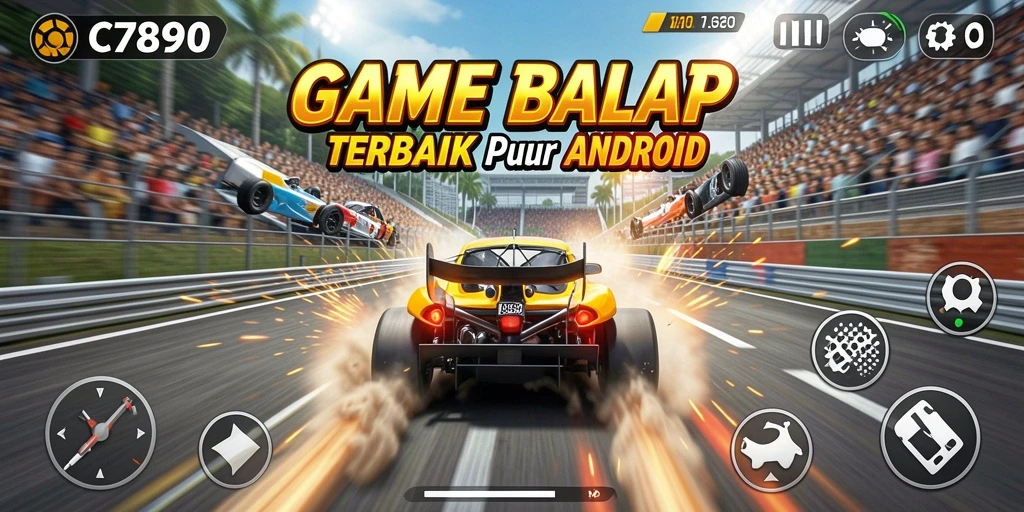 Gameplay intens C7890 dengan mobil balap yang cepat.
