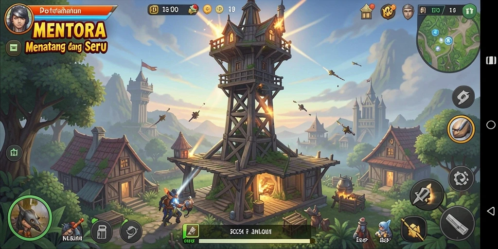 Tampilan seru gameplay Tower Defense D06 saat melindungi markas.