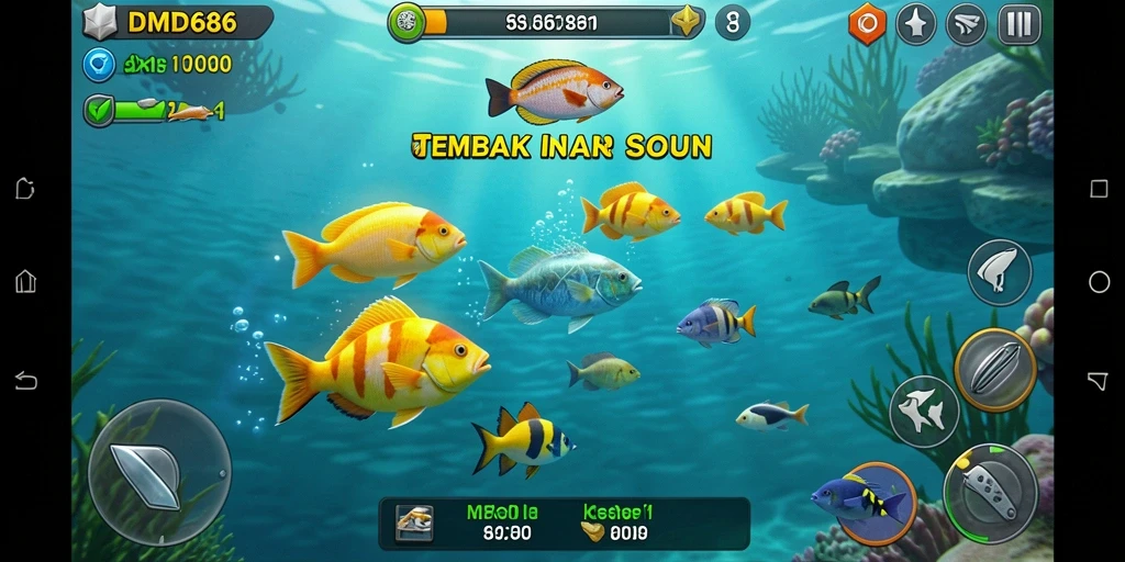 Tampilan gameplay DMD686 saat menembak ikan di bawah laut.