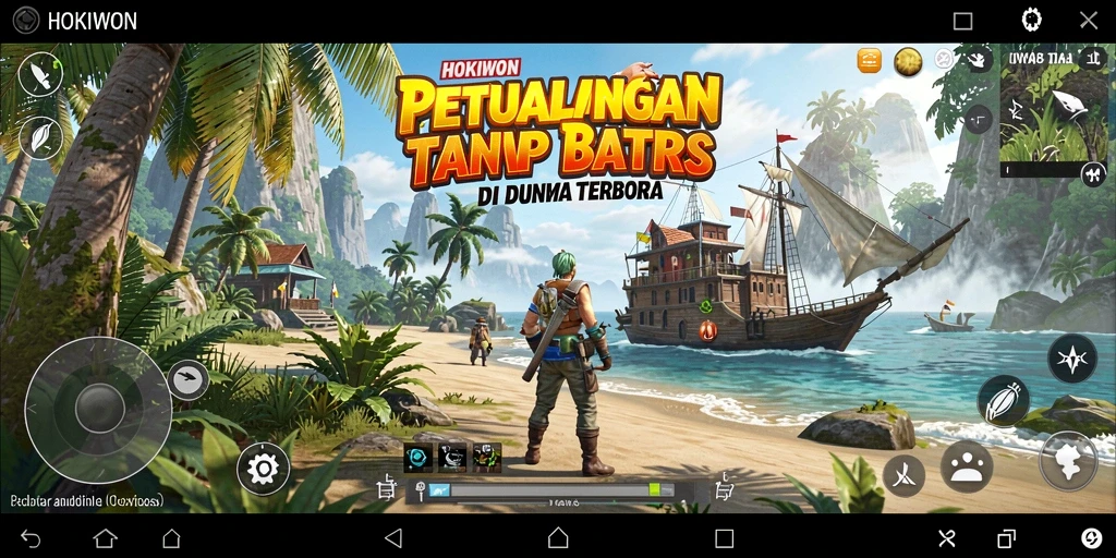 Screenshot gameplay HOKIWON menampilkan dunia terbuka yang luas dan interaktif.