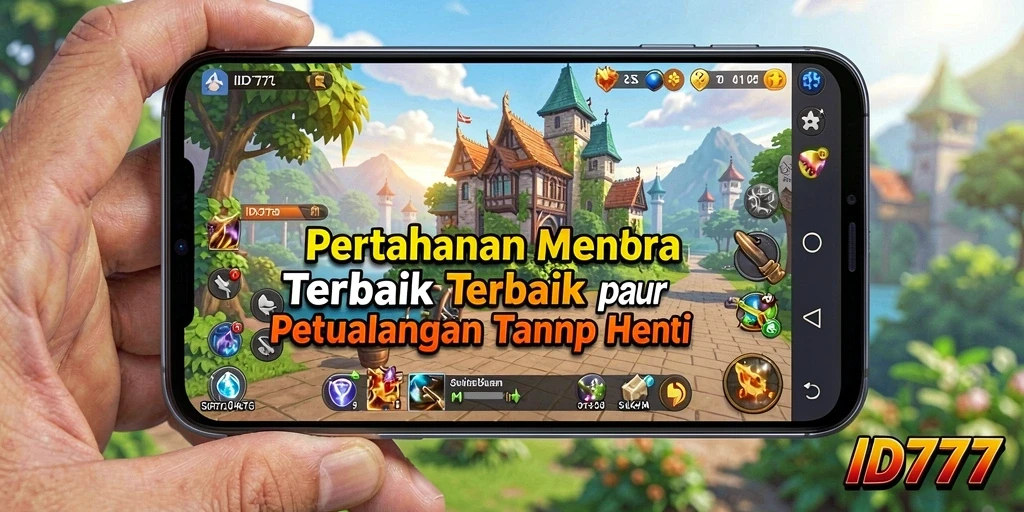 Screenshot ID777 menunjukkan serangan menara melawan gelombang musuh yang intens.