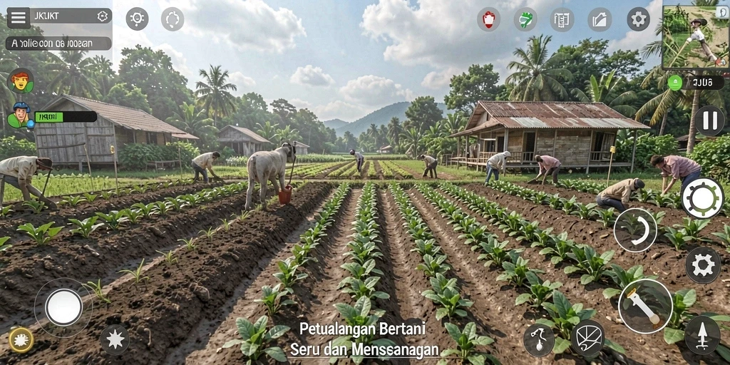 Screenshot utama JKTJKT menampilkan lahan pertanian yang subur dengan berbagai tanaman.