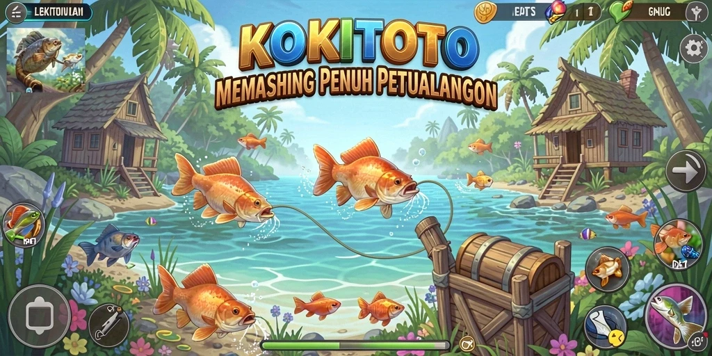 Gameplay KOKITOTO yang menyenangkan dengan beragam lokasi memancing.