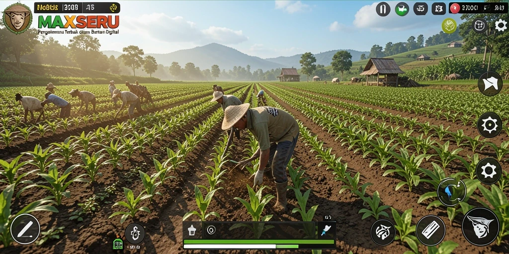 Screenshot gameplay MAXSERU dengan nuansa bertani yang ceria dan interaktif.