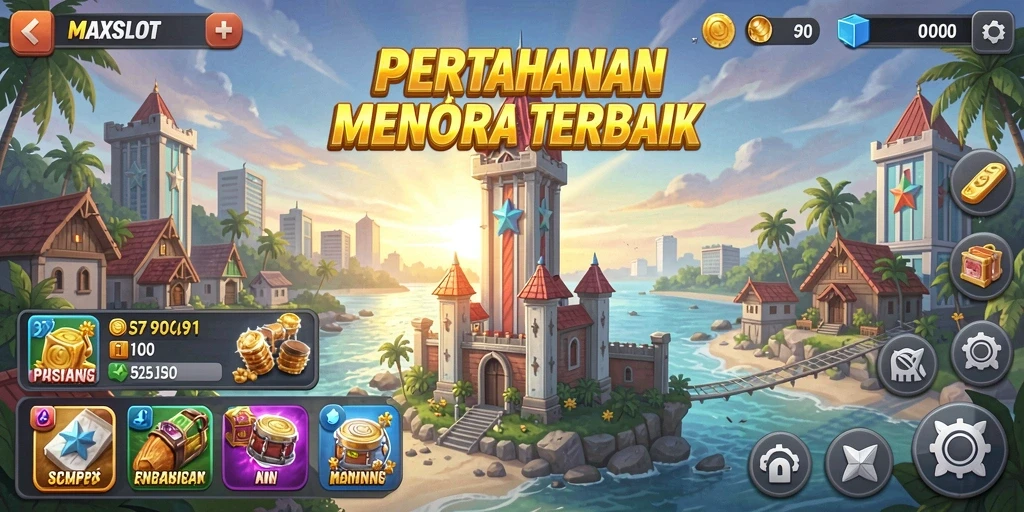Screenshot gameplay MAXSLOT menunjukkan aksi Tower Defense yang mendebarkan.