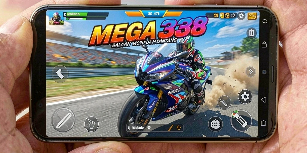 Tampilan gameplay seru di MEGA338 dengan balapan motor yang menegangkan.