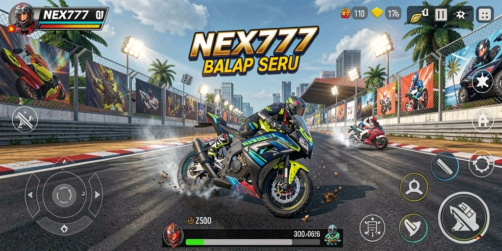 Gameplay seru NEX777 dengan lintasan balap yang menantang.