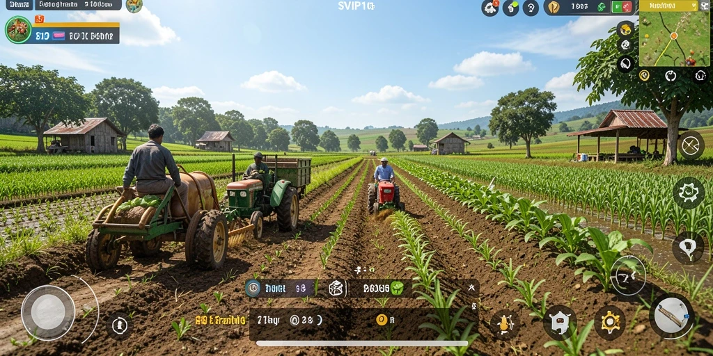 Tampilan gameplay SVIP10 menampilkan ladang yang hijau dengan berbagai tanaman.